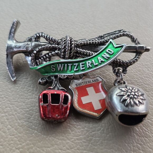 Switzerland Hat Lapel Pin  3 Charms Bell First Aid - Picture 2 of 12